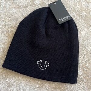 Brand New True Religion Black Embroidered White Logo Knit Beanie Cap Stretch Hat
